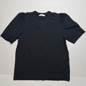 RODEBJER Women's Puff Sleeve Cotton Black Top Short Sleeve Crewneck Minimal  L